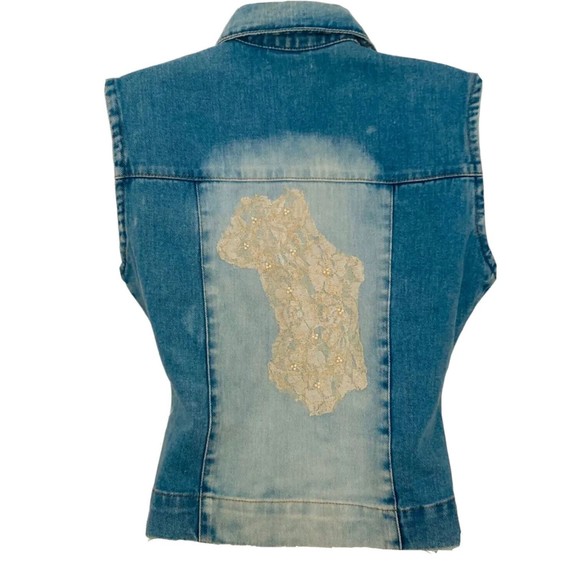 Les Rivales Lace Distressed Light Wash Denim Zip Up Jean Vest Size 40/US Size M - Picture 7 of 12